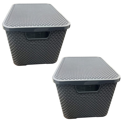 Pluto Packaging 2 X Grey Rattan Wicker Effect Home Office Storage Baskets With Lids Ideal For Living Rooms from B&Q