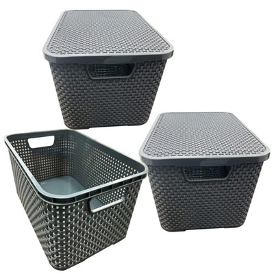 Pluto Packaging 8 X Grey Rattan Wicker Effect Home Office Storage Baskets With Lids Ideal For Living Rooms from B&Q