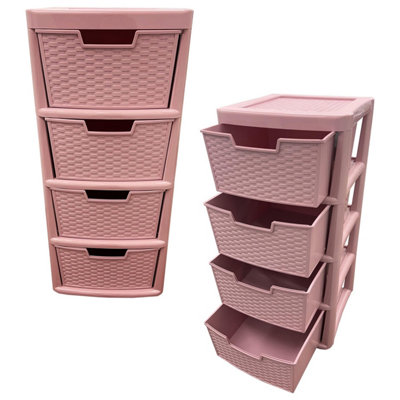 Pluto Packaging 2 X Large Pink Spacious Rattan 4 Drawer Stylish Plastic Modular Storage Tower Units For Home & Offices from B&Q