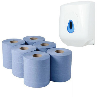 Pluto Packaging 6 Rolls Of Multipurpose Blue Embossed 2Ply Highly Absorbent Centrefeed Rolls & Dispenser from B&Q