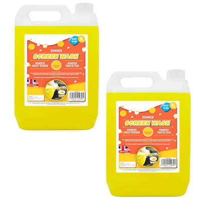 Pluto Packaging 2 X 5L Yellow Summer Screen Wash Removes Insect Residue & Traffic Film from B&Q