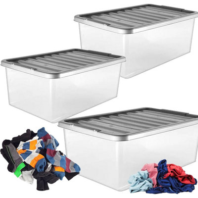 Pluto Packaging 3 Pack 32 Litre Strong Stackable Durable Underbed Storage Boxes Complete With Silver Lids from B&Q