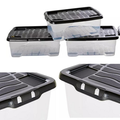 Pluto Packaging Set Of 4 Multipurpose Clear Underbed 30 Litre Curve Storage Containers With Black Lids from B&Q