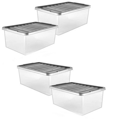 Pluto Packaging 4 Pack 32 Litre Strong Stackable Durable Underbed Storage Boxes Complete With Silver Lids from B&Q