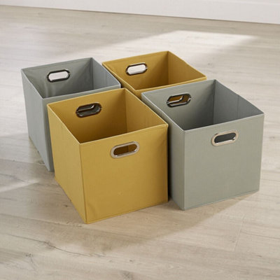 Home Source Large Fabric Cube Storage Box 4 Pack Oval Handle Grey And Yellow from B&Q