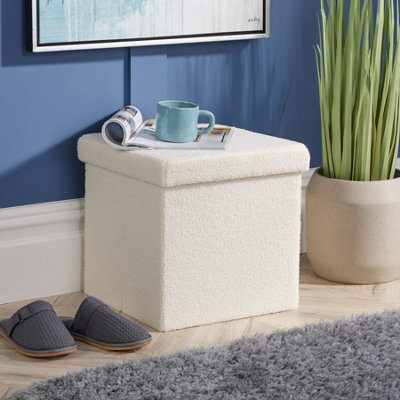 Home Source Boucle Teddy Fur Cream Folding Square Storage Ottoman from B&Q