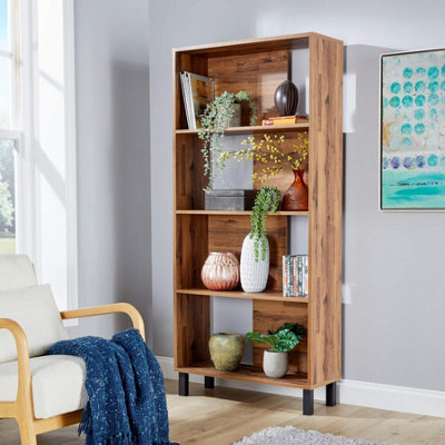 Home Source 4 Tier Wooden Bookcase Shelving Unit Rustic Oak Effect Open Display Storage Shelf from B&Q