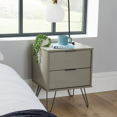 Home Source Acadia Solid Pine 2 Drawer Grey Bedside Table Metal Hairpin Legs from B&Q