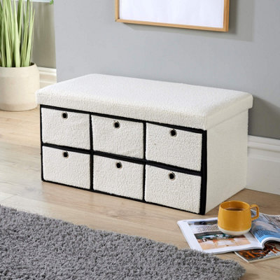 Home Source 6 Drawer Boucle Fabric Folding Ottoman 6 Drawer Storage Cream from B&Q