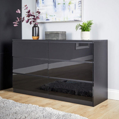 Home Source Lugano 6 Drawer Wide Chest Of Drawers High Gloss Drawer Fronts Black