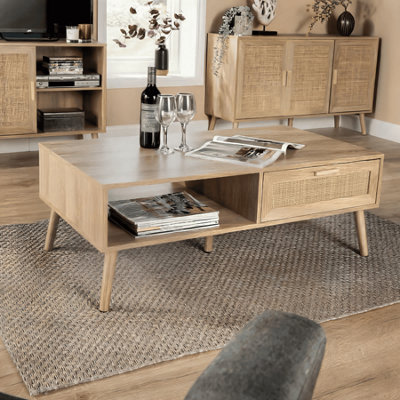 B&Q -  Astbury Rattan Front 1 Drawer Open Shelving Coffee Table Solid Wooden Legs
