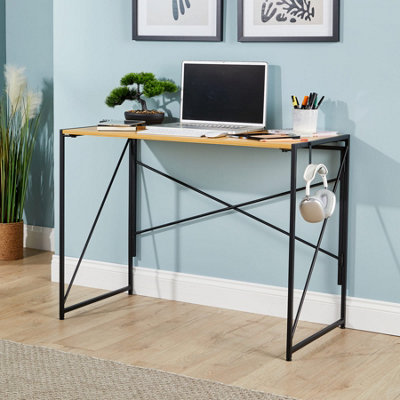 Home Source Brampton Folding Light Oak Compact Desk Storage Hook Wood And Metal Home Office Workstation from B&Q