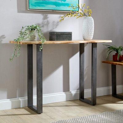 Home Source Live Edge Console Table Solid 26mm Acacia Top Black Metal Legs from B&Q