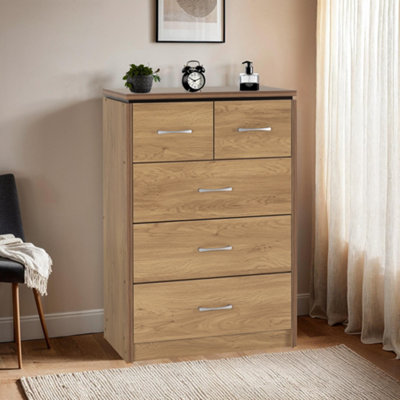 Seconique Charles 3+2 Drawer Chest Of Drawers In Oak Veneer With Dark Walnut Trim from B&Q