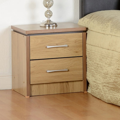 Seconique Charles 2 Drawer Bedside Nightstand Chest In Oak Veneer With Dark Walnut Trim from B&Q