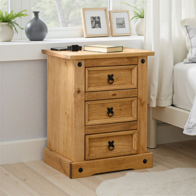 Seconique Corona 3 Drawer Bedside Cabinet In Distressed Waxed Pine