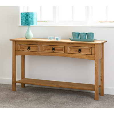 B&Q -  Corona 3 Drawer Console Table With Shelf Distressed Waxed Pine