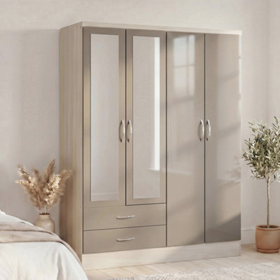 Seconique Nevada 4 Door 2 Drawer Mirrored Wardrobe In Oyster Gloss And Oak Effect Finish