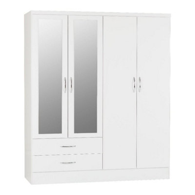Seconique Nevada 4 Door 2 Drawer Mirrored Wardrobe In Gloss Finish White