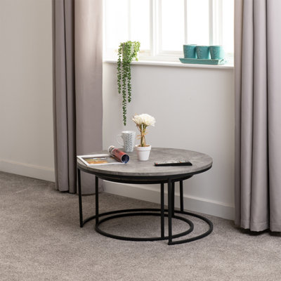 Seconique Athens Round Nest Of 2 Tables In Concrete Effect And Metal Black