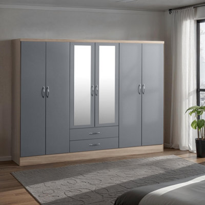 B&Q -  Nevada 6 Door 2 Drawer Mirrored Wardrobe In Grey Gloss And Oak Effect Finish