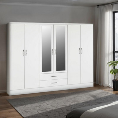 Seconique Nevada 6 Door 2 Drawer Mirrored Wardrobe In Gloss Finish White