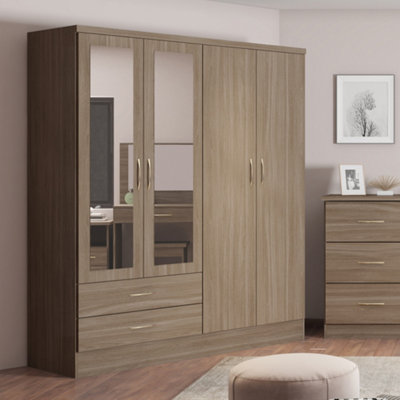 Seconique Nevada 4 Door 2 Drawer Mirrored Wardrobe In Rustic Oak Effect Finish