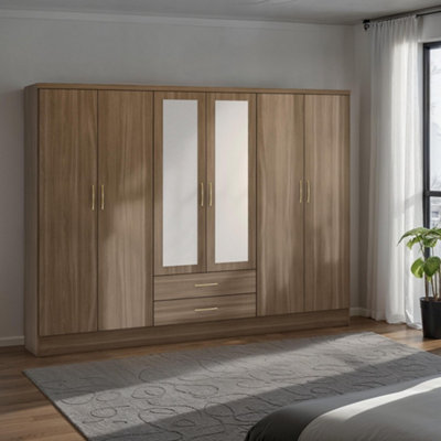 Seconique Nevada 6 Door 2 Drawer Mirrored Wardrobe In Rustic Oak Effect Finish Light