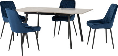 Seconique Avery Extending Dining Set In Oak Effect With Sapphire Velvet Chairs Grey/Blue