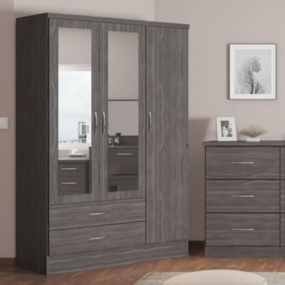 Seconique Nevada 3 Door 2 Drawer Mirrored Wardrobe Wood Black/Grain