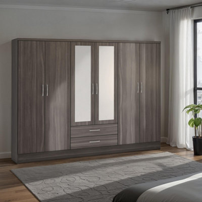 Seconique Nevada 6 Door 2 Drawer Mirrored Wardrobe In Black Grain Effect Finish from B&Q