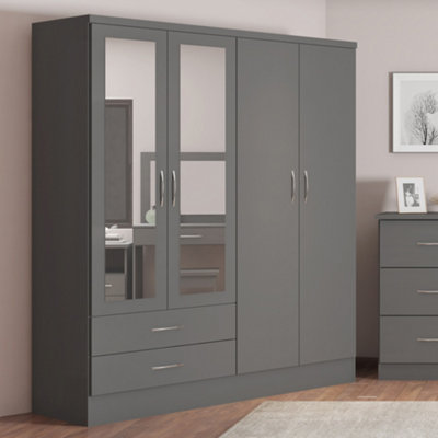 Seconique Nevada 4 Door 2 Drawer Mirrored Wardrobe In 3D Effect Finish Grey