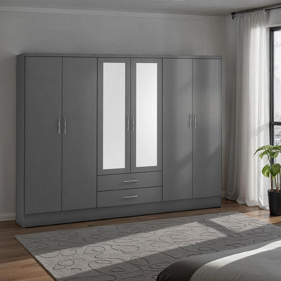 Seconique Nevada 6 Door 2 Drawer Mirrored Wardrobe In 3D Effect Finish Grey