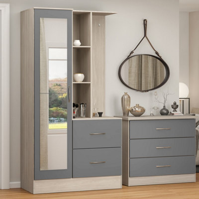 Seconique Nevada Mirrored Open Shelf Wardrobe Grey Gloss And Oak Effect from B&Q