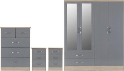 Seconique Nevada 4 Door 2 Drawer Mirrored Wardrobe Set Gloss 2 Man Del Grey