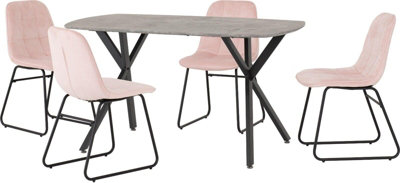 Seconique Athens Concrete Effect Rectangular Dining Set With Velvet Chairs Pink
