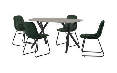 Seconique Athens Dining Set Concrete Effect With 4 Velvet Chairs Green