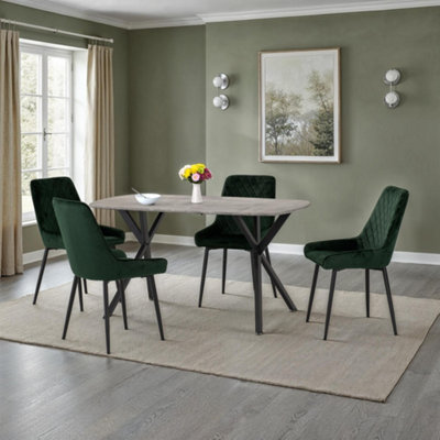 Seconique Athens Dining Set Concrete Effect With Velvet Chairs Green