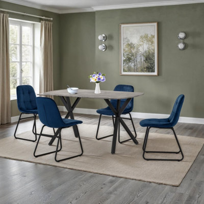 Seconique Athens Concrete Effect Rectangular Dining Set With Velvet Chairs Blue