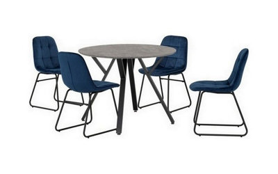 B&Q -  Athens Round Dining Set With Lukas ChairsConcrete Effect/black/sapphire Blue Velvet