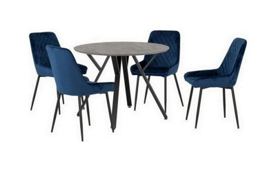 B&Q -  Athens Round Dining Set With Avery ChairsConcrete Effect/black/sapphire Blue Velvet