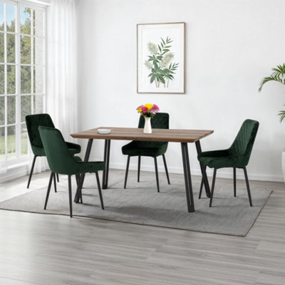 Seconique Quebec Straight Edge Dining Set Medium Oak Effect With Velvet Chairs Green