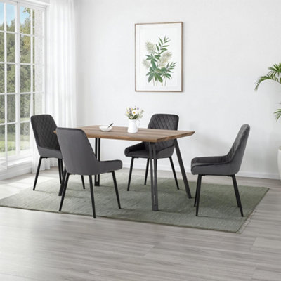 Seconique Quebec Straight Edge Dining Set Medium Oak Effect With Velvet Chairs Grey