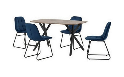 B&Q -  Athens Rectangular Dining Set With Lukas ChairsMedium Oak Effect/black/sapphire Blue Velvet