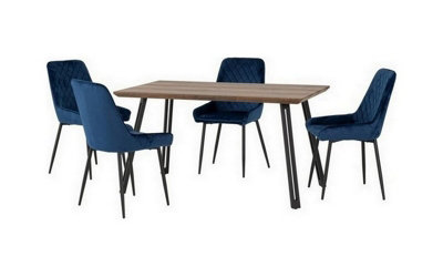 Seconique Quebec Straight Edge Dining Set Medium Oak Effect With Velvet Chairs Blue