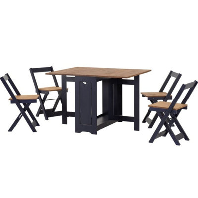 Santos Drop Leaf Dining Table & 4 Folding Chairs Blue Oak Space Saving Set - Image 4