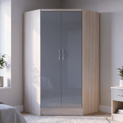 Seconique Nevada 2 Door Corner Wardrobe In Gloss And Oak Effect Finish Grey