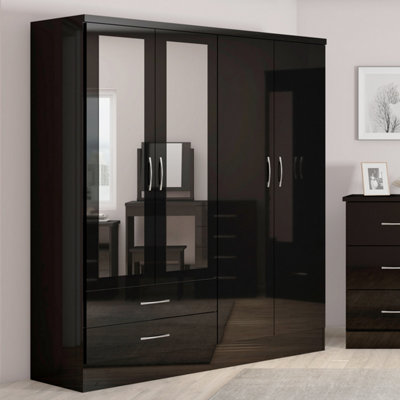 Seconique Nevada 4 Door 2 Drawer Mirrored Wardrobe In Gloss Finish Black