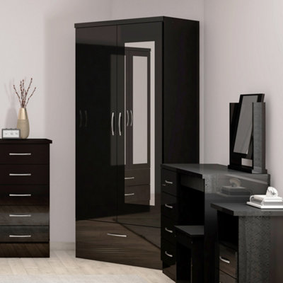 Seconique Nevada Mirrored 2 Door 1 Drawer Robe In Black Gloss Finish from B&Q