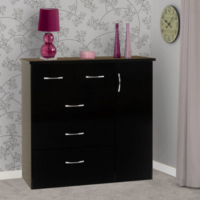 B&Q -  Nevada 5 Drawer 1 Door Low Wardrobe In Black Gloss Finish